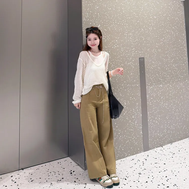 韩系温柔气质外搭镂空吊带薄款长袖罩衫早秋高腰裤子三件件套装女