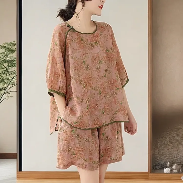睡衣套装时尚中国风夏季新款时尚洋气宽松短袖休闲简约圆领两件套