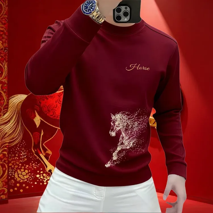 2026马年红色卫衣男士本命年喜庆红衣服新款百搭休闲修身上衣体恤