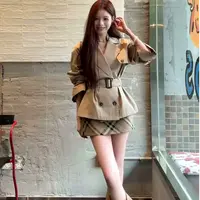法式设计感风衣外套女2025秋季时尚显瘦气质格子半身短裙两件套装