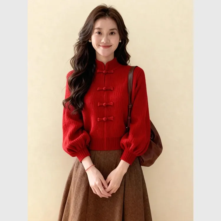 新中式红色立领盘扣粗线毛衣2025秋冬独特超好看短款灯笼袖针织衫