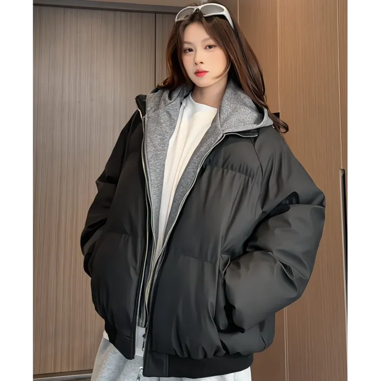 SenD潮牌【软皮假两件】情侣冬季连帽双拉链棉服/重磅时尚保暖棉袄