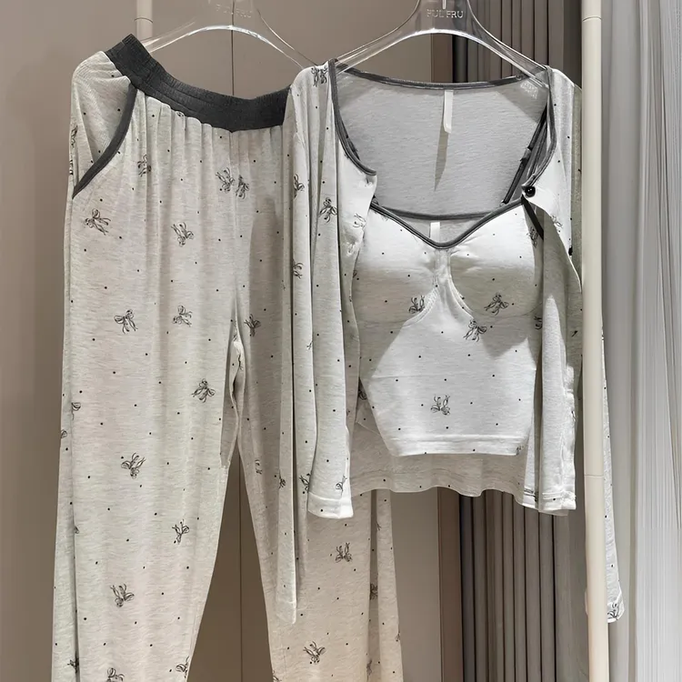 甜美卡通蝴蝶结印花睡衣春秋款女纯欲可外穿长袖长裤家居服三件套