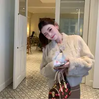 ［韩女兔兔］一体染色缎面内里100%兔毛皮草短款外套59567