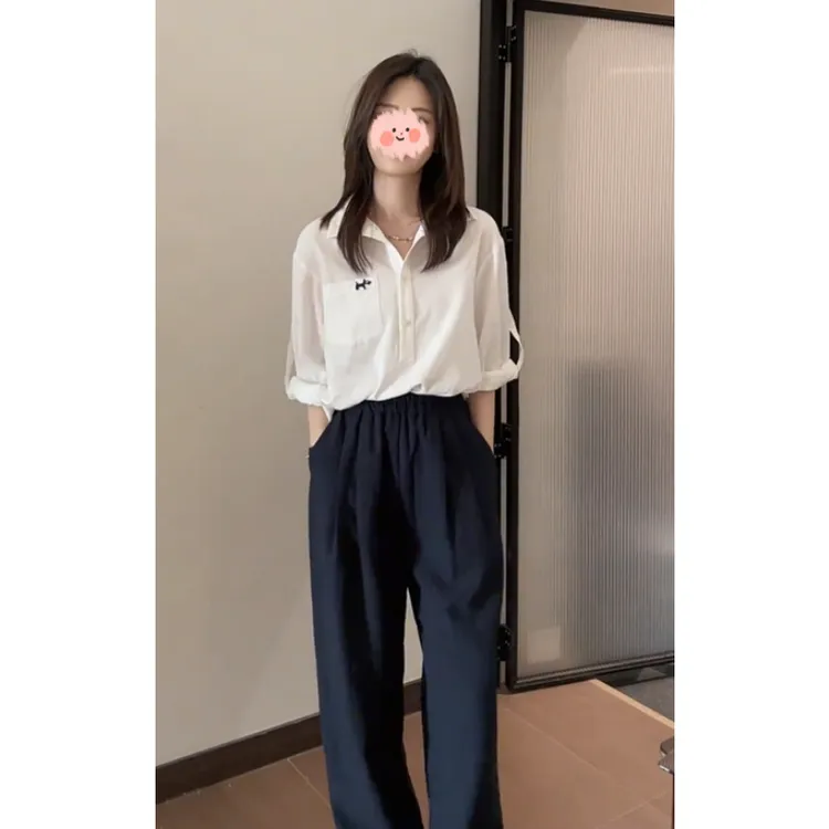 白色翻领长袖衬衫女夏季休闲纯欲气质宽松慵懒风显瘦上衣裤子套装