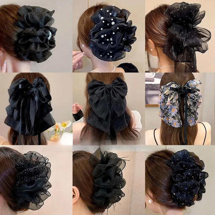 轻奢法式优雅后脑勺网纱花朵黑色蝴蝶结泡泡抓夹鲨鱼夹女发夹发饰