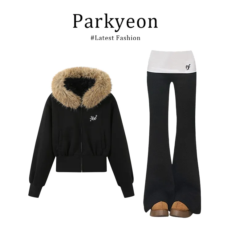 INS CEC法式极简风休闲大毛领拉链外套拖地裤时尚风两件套女