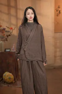 MDE【加厚外套】V领禅意斜襟盘扣秋季麻衣（长78胸围140）Y5281