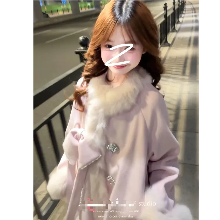 粉色千金风蝴蝶结毛领毛呢外套女秋冬新款小个子气质绝美呢子大衣