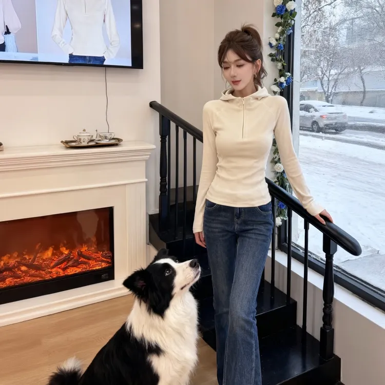 卡卡女装百搭叠穿半拉链连帽衫磨毛薄绒长袖T恤内搭上衣打底衫女