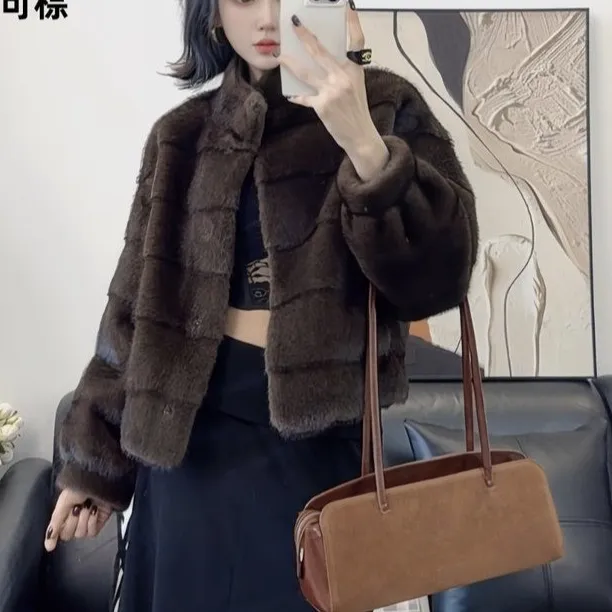 年轻妈妈冬装洋气立领短款外套女皮毛一体水貂绒高贵百搭上衣加厚