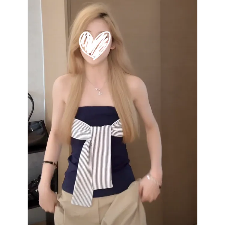 复古气质绝美一字肩条纹绑带抹胸背心女修身短款无袖上衣性感外穿