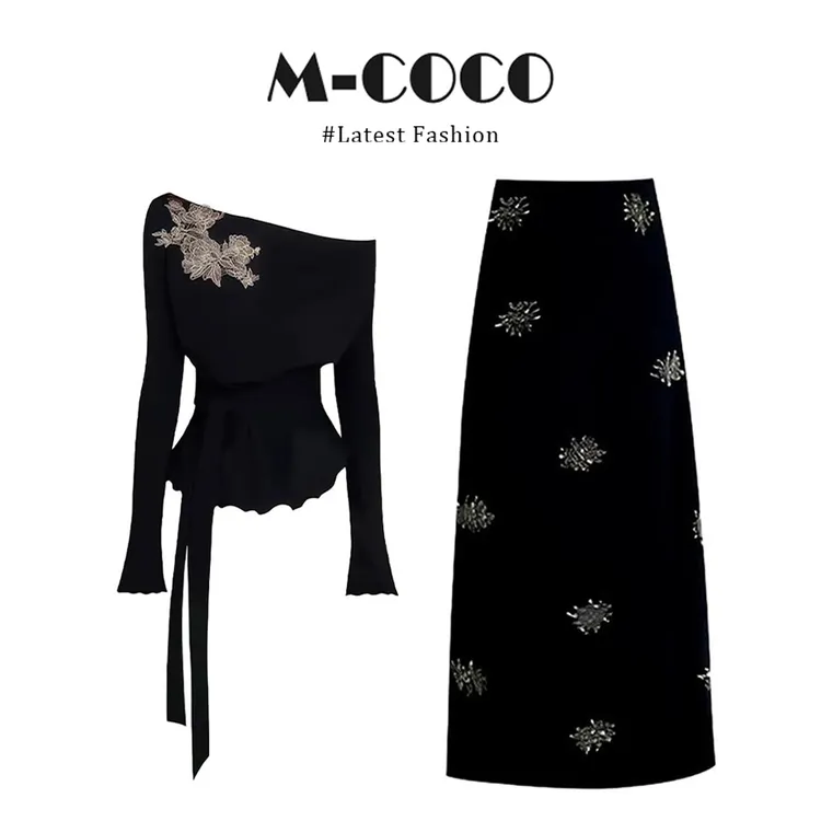 【同款性价比】法式超好看刺绣收腰绑带长袖上衣高腰半身裙秋季套装