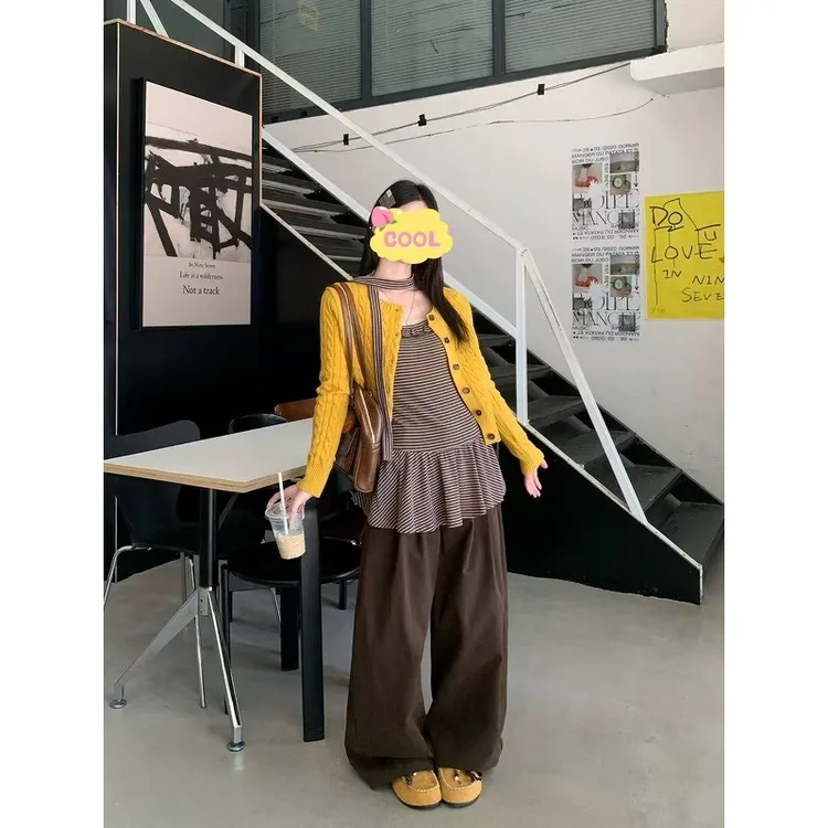 大码氛围感条纹吊带花边显瘦上衣外搭弯刀裤699696#