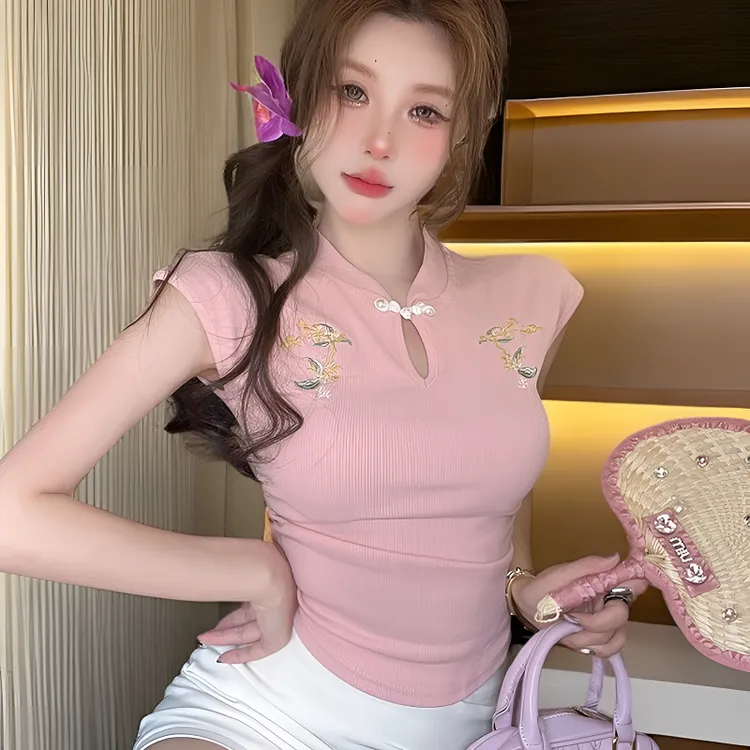 高级感夏季新中式国风复古气质刺绣盘扣甜辣妹修身显瘦短款上衣女