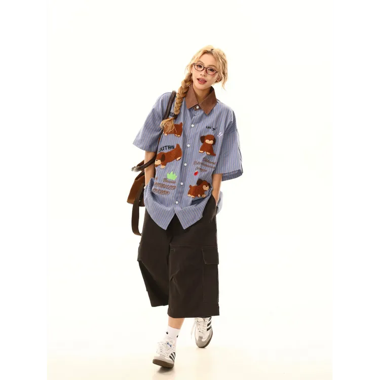 HEILONGPAO定制美式小狗刺绣格子短袖衬衫女2025夏季宽松百搭衬衣