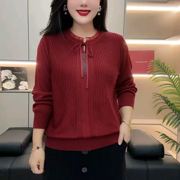 时尚女士休闲百搭针织打底衫冬季新款气质妈妈高档设计烫钻休衫