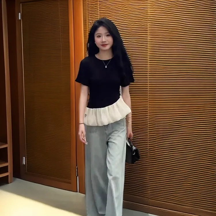 小个子气质黑色拼接短袖上衣夏季新款别致法式级短款修身小众恤