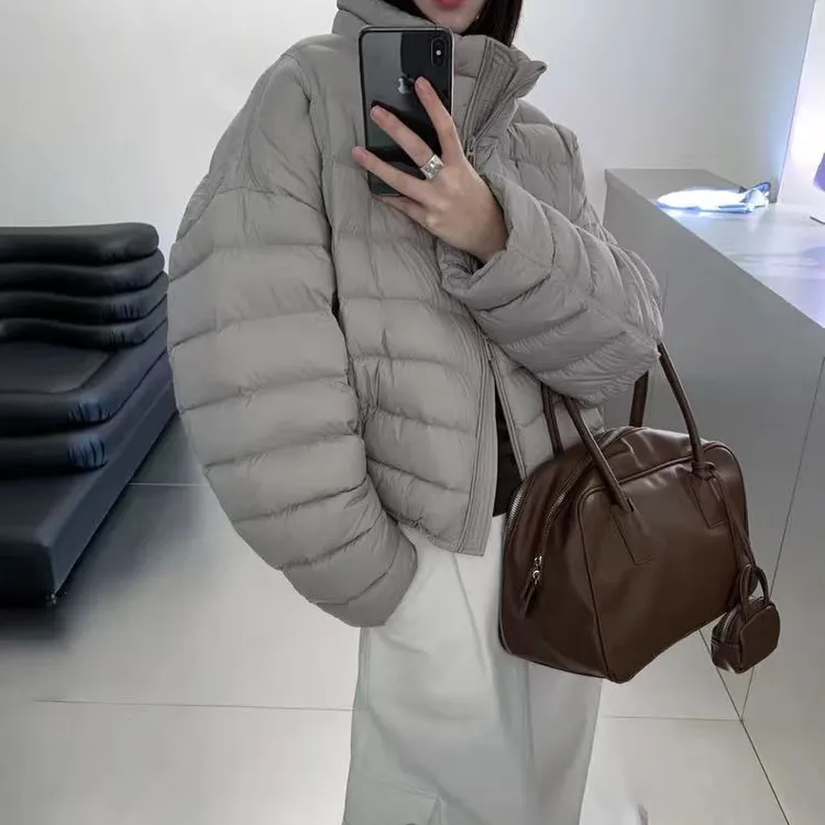 冬季韩版排骨羽绒服女短款立领简约小个子宽松白鸭绒保暖外套新