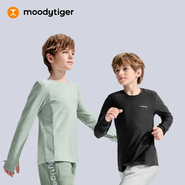 moodytiger儿童运动舒适长袖快干T恤纯色弹力上衣53510103【H】