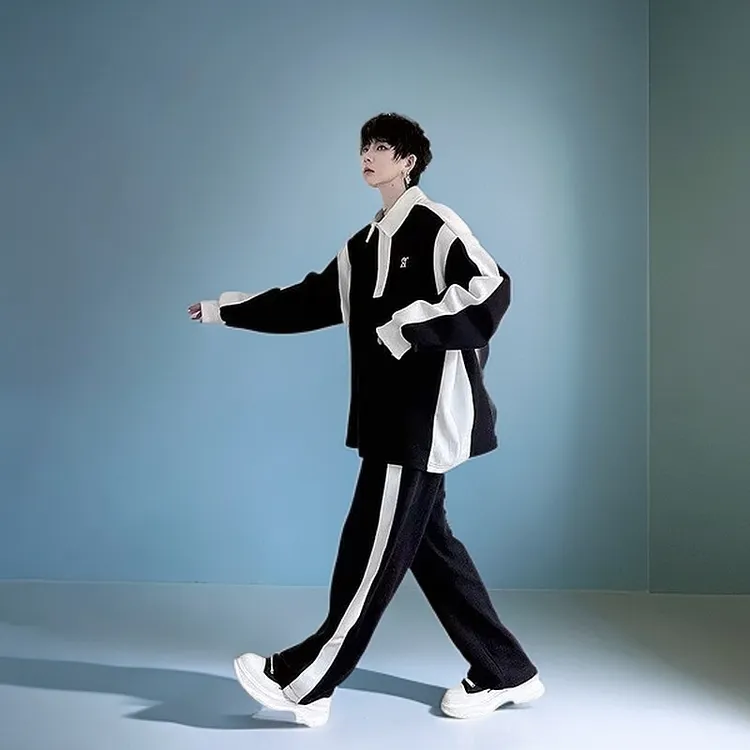 秋季小众高级感黑白撞色运动套装男宽松休闲痞帅长裤设计感两件套