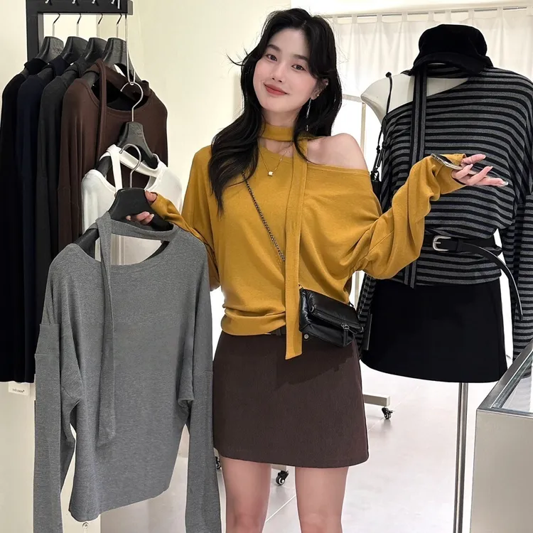 韩系条纹飘带长袖T恤女秋冬设计感小众修身显瘦上衣N