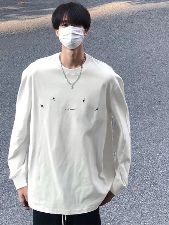 美式小众休闲设计感印花纯棉长袖T恤宽松百搭圆领潮流打底上衣