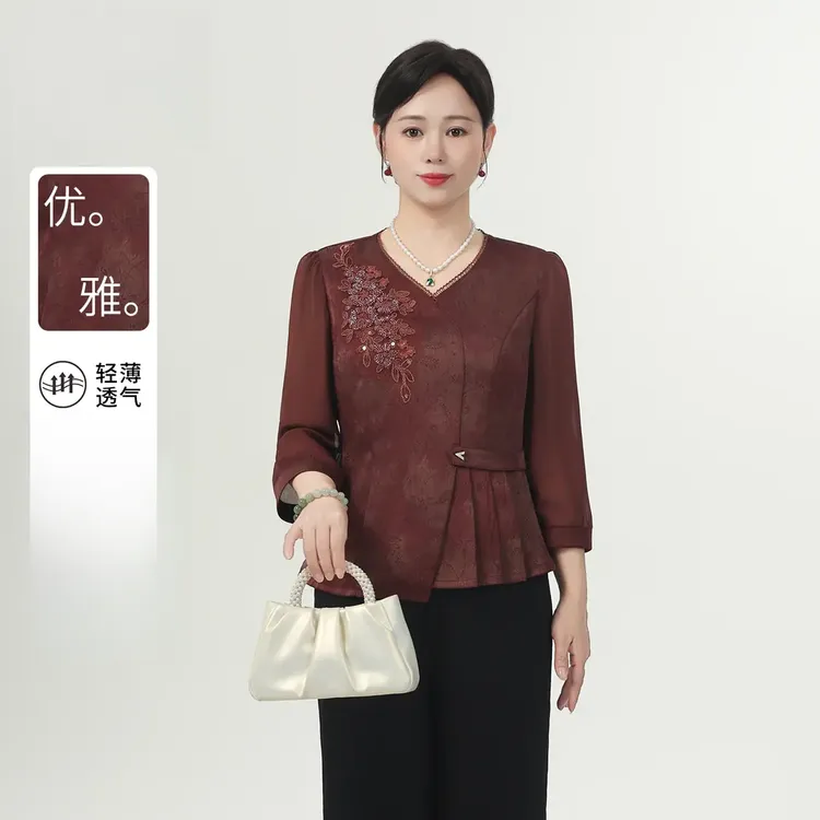 气质新款妈妈装2025早秋网纱袖刺绣上衣套装中老年女贵气国风小衫