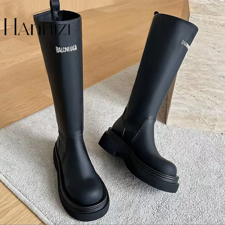 hannizi厚底骑士长靴女2024秋冬新款时尚复古厚底长筒黑色骑士靴