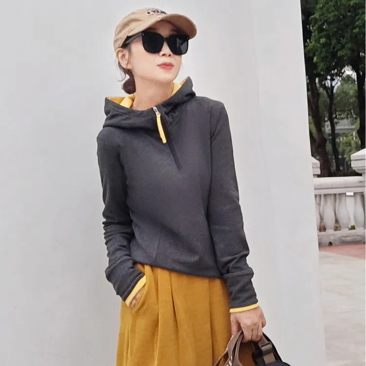 KUEMEI/酷衣妹秋季半拉链撞色连帽长袖卫衣女设计感时尚运动上衣