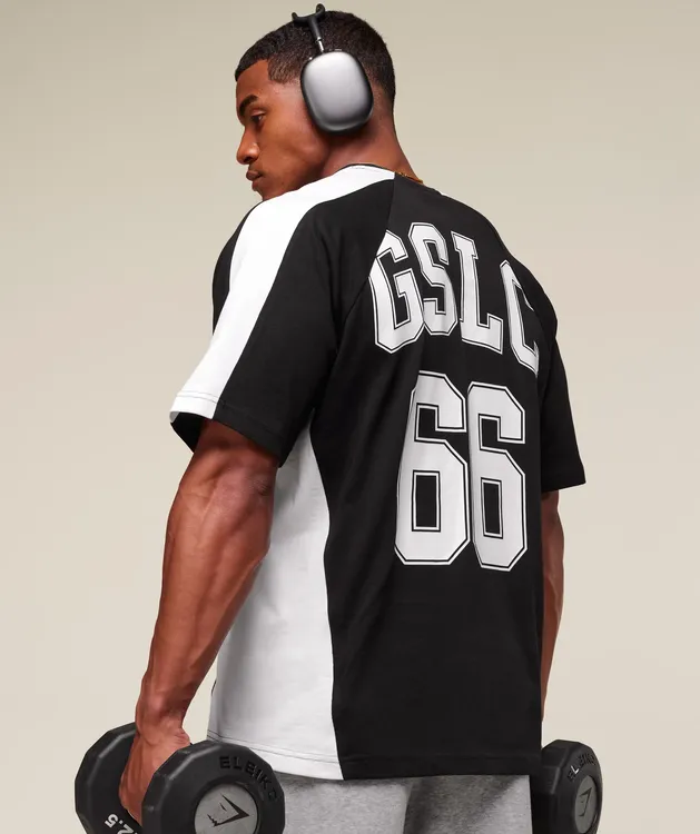 鲨鱼GSLC健身宽松拼接T恤短袖男女运动美式撞色透气纯棉五分袖