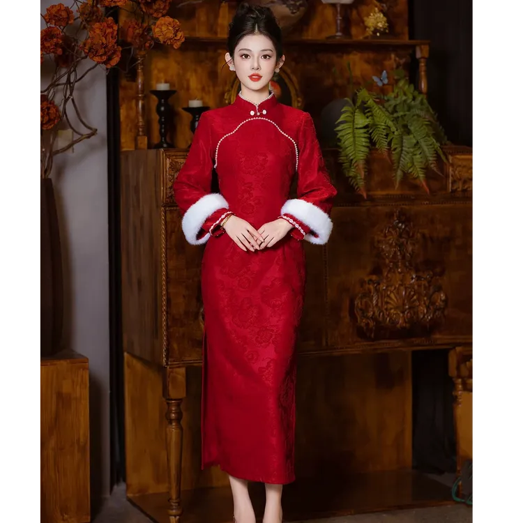 新中式长袖旗袍订婚结婚服冬日常中国风修身复古加绒加厚显瘦