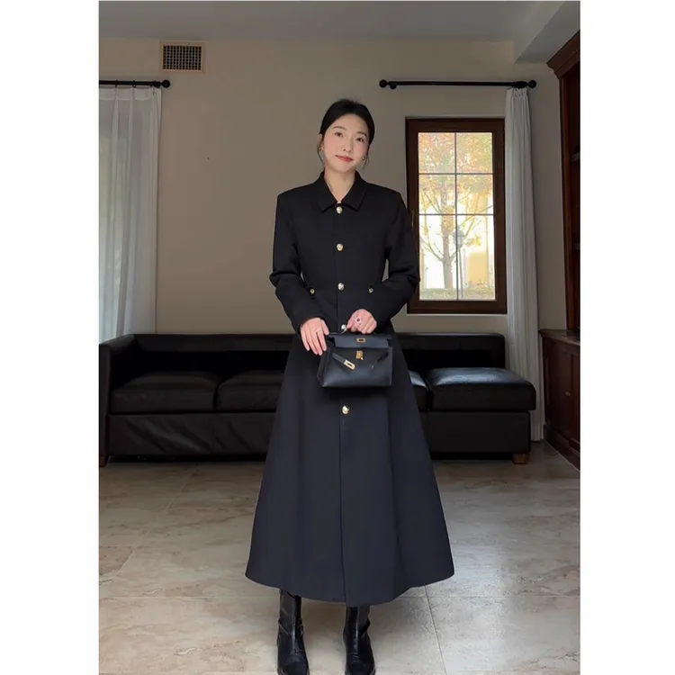 大码加厚羽绒黑色毛呢大衣女胖mm气质高级感长款收腰显瘦呢子上衣