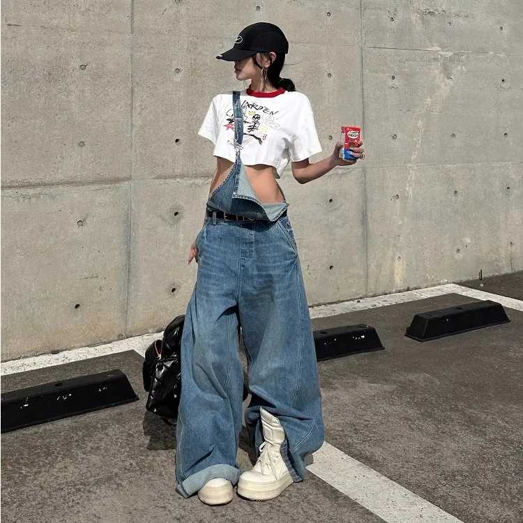 美式街头短袖T恤女夏季2025新款高腰显瘦复古宽松阔腿牛仔背带裤