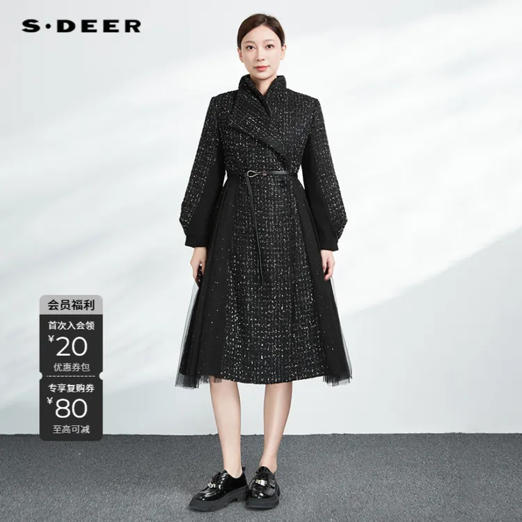 S·DEER圣迪奥秋冬新款时尚显瘦网纱拼接收腰羽绒服外套S234Z2460