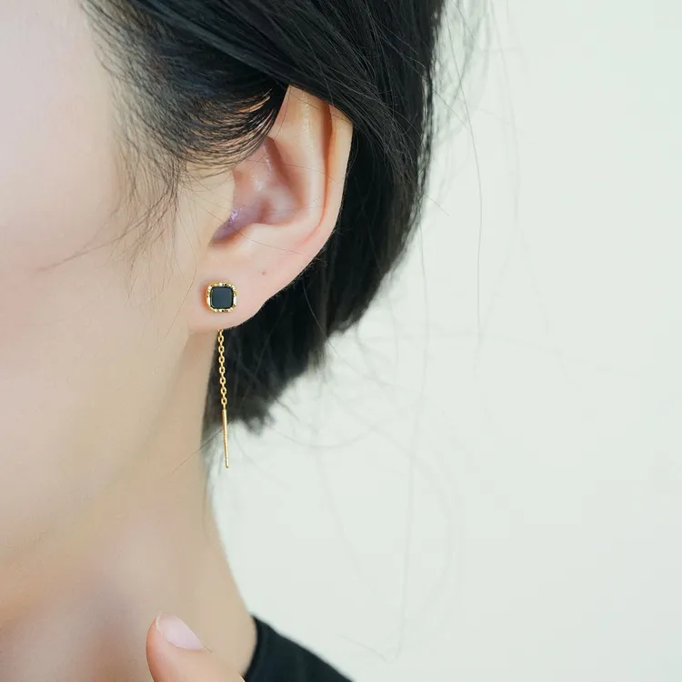 黑色方块流苏耳线女小众设计感时尚简约圆脸显瘦耳环