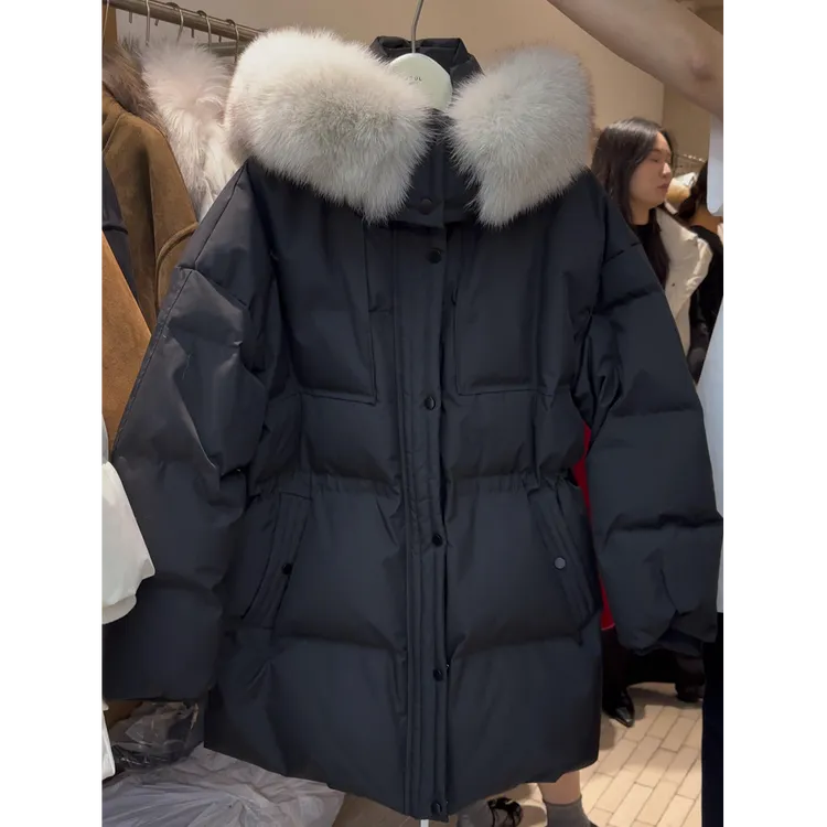 2025女冬季新款韩系时尚百搭中长款宽松收腰显瘦加厚连帽棉服外套