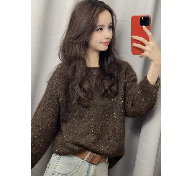 时尚彩色球球亮片卷边毛衣女秋冬季韩版一字领慵懒风针织衫