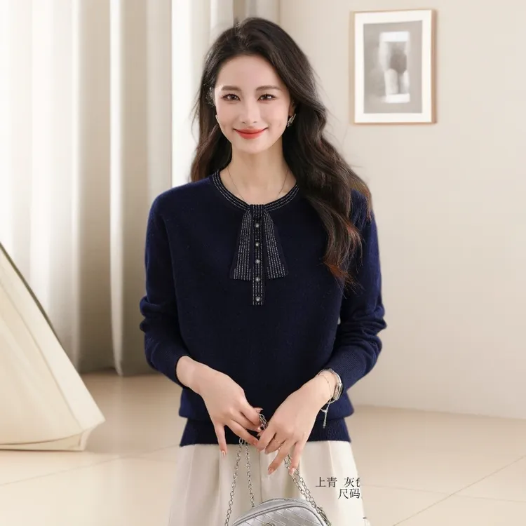 【加厚纯羊毛】秋冬蝴蝶结（8821）圆领宽松妈妈装大码针织洋气长袖