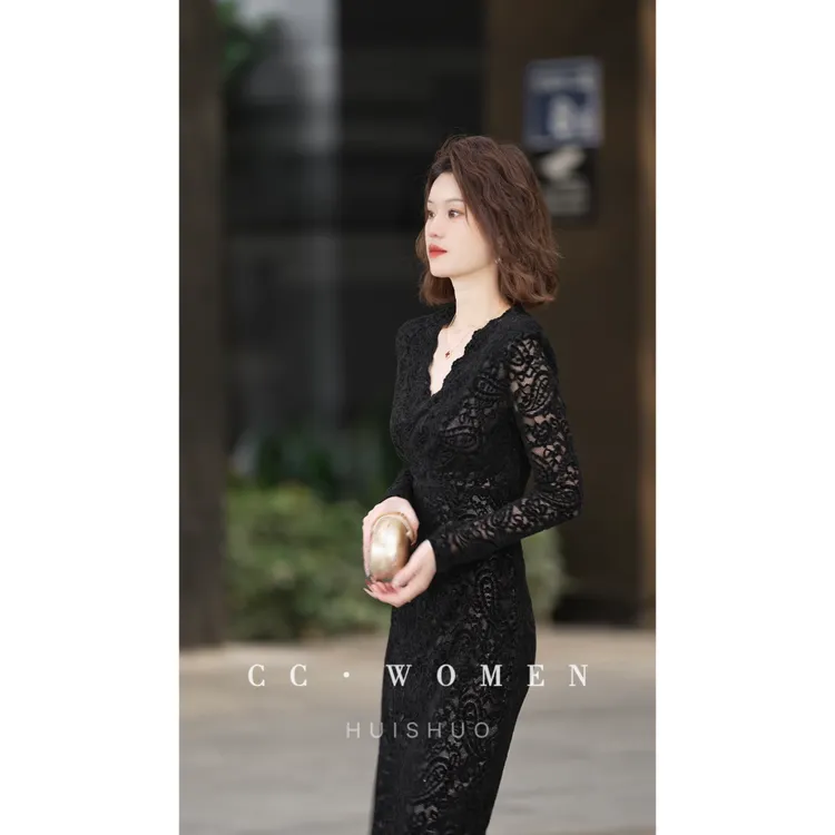 彩彩家【暗夜流星】日常高级感黑色气质优雅收腰气质修身款连衣裙