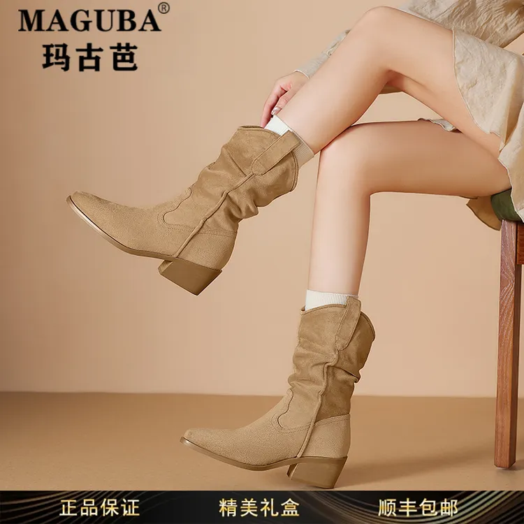 玛古芭女鞋尖头粗跟防滑短筒马丁靴女秋季新款时尚西部牛仔短靴子