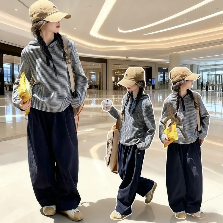 秋季女童休闲套装儿童女孩2025年新款韩版潮款衣服细条纹卫衣长裤