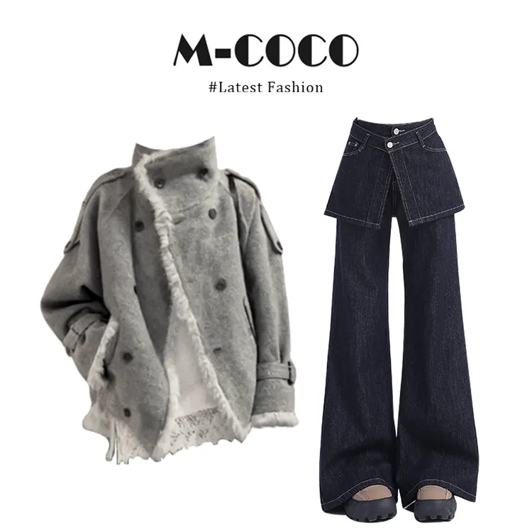 INS CEC韩系新款设计感高级羊羔绒毛呢外套假两件牛仔裤套装女