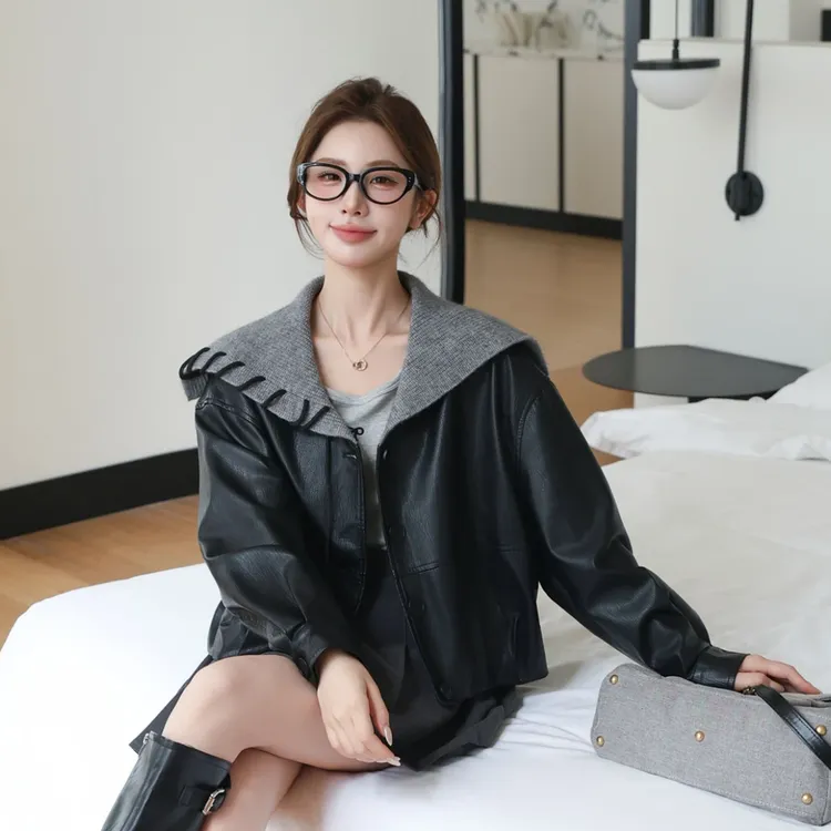 早秋新款设计感海军领皮衣夹克女休闲显瘦短款外套
