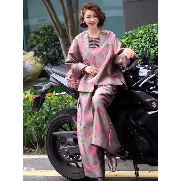 欧洲站2025秋季新款时髦显瘦质感高级宽松长袖上衣阔腿裤两件套