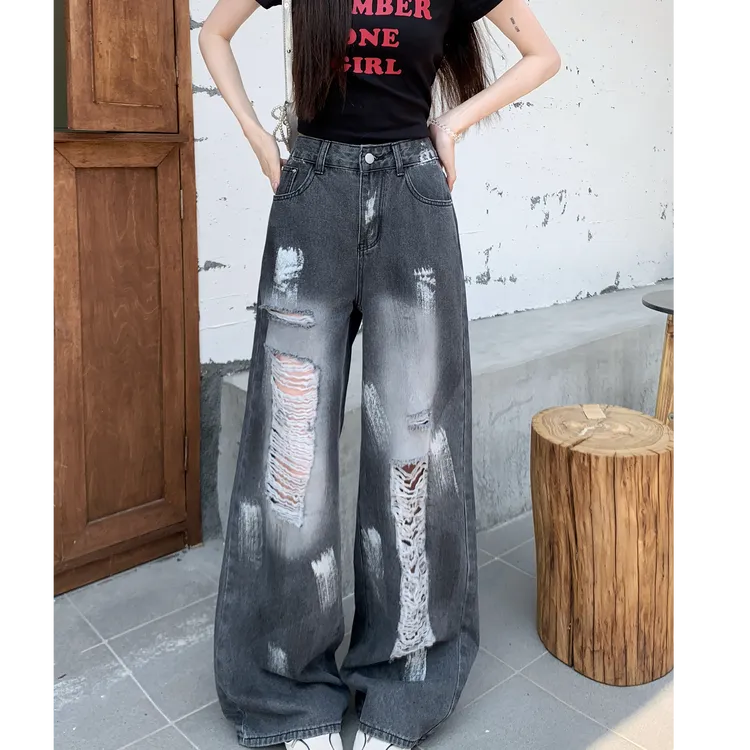 高街小个子大码直筒牛仔夏季破洞宽松黑色高腰牛仔阔腿拖地裤女