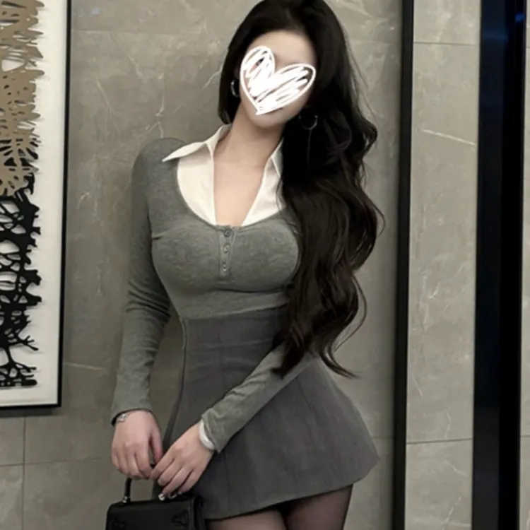 韩系纯欲风纽扣POLO领长袖T恤女2025秋冬新款洋气修身假两件上衣