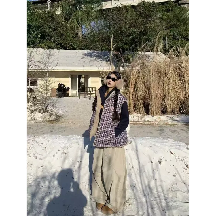 千鸟格&花纹图案无袖上衣休闲保暖毛毛双面马甲时尚套装-005