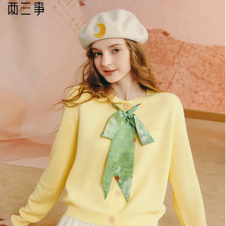 两三事诗悦浮香梵高系列宽松圆领亲肤柔软丝带毛针织衫S25QZZ342