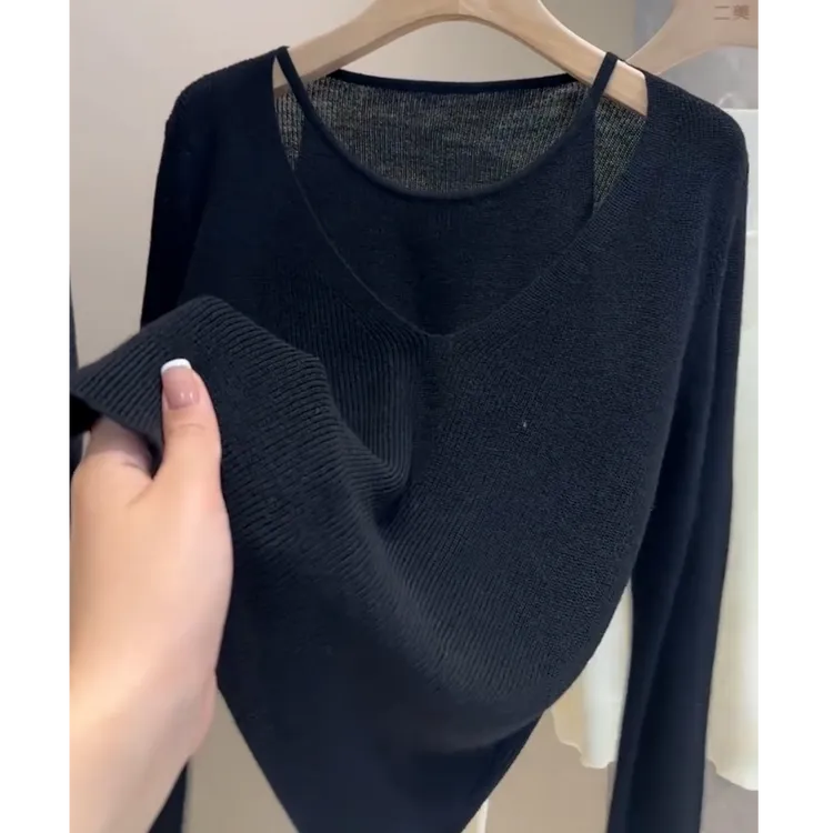 2025秋季新款显瘦百搭假两件简约风针织衫女大码遮肉镂空纯色上衣